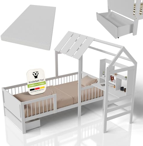Juskys Kinderbett Yari 90x200 cm mit Schreibtisch, Schublade, Rausfallschutz, Lattenrost & Matratze - Hausbett aus Massivholz - Weiß