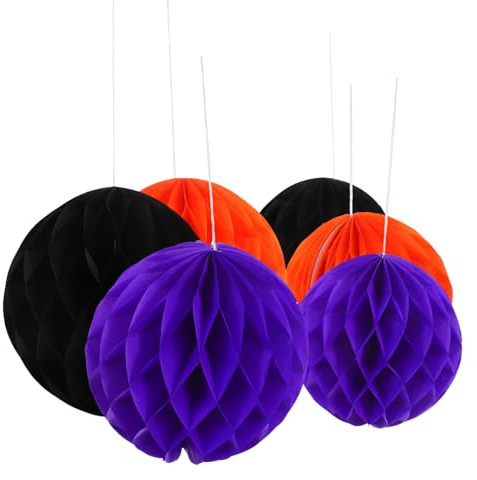 jojofuny 6pcs Boules en Papier Alvéolé : Décorations Suspendues en Papier pour Halloween, Couleurs Assorties, 20 cm & 15 cm, Pompons en pour Fête, Festival, Événement et Décor