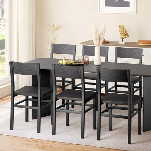 MECHYIN Dining Chairs Set of 6, Rustic Wood Dining Room Chairs with Thickened and Strengthened Metal Steel Frame & Slat Back, Modern Farmhouse Chair for Kitchen, Dining Room (6, Dark Black)