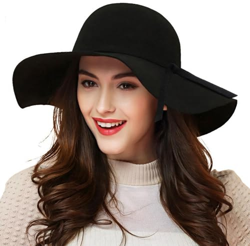 Damen 100 % Wolle, faltbar, breite Krempe, Retro-Fedora-Schlapphut, Filz, Schwarz