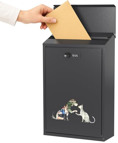 Post Boxes Wall Mounted Waterproof, Modern Delivery Letter Box for Outside Wall with Combination Lock, Viewing Windows, Rain Cover, Steel Mail Box, Lockable Large Letterbox, 40x25x10cm Black-Cats dogs