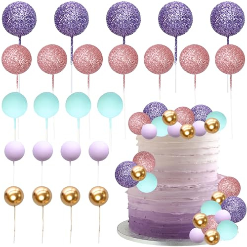 Gyufise 50Pcs Ball Cake Topper Sticks Mini Balloons Cake Decoration Foam Balls Cake Toppers for Wedding Baby Shower Birthday Party Supplies Purple Pink