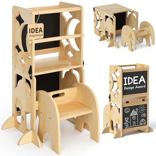 COSYLAND 4-in-1 Toddler Kitchen Stool Helper with Safety Rail - Foldable Toddler Standing Tower with Double Blackboard, Kids Learning Desk and Chair Set, Natural