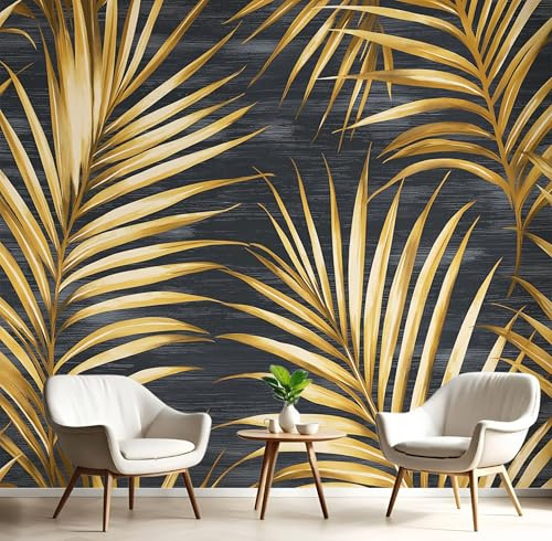 Hojas De Palma Oro Papel Pintado Panorámico Lujo Planta Decoración 200 x 140cm Fotomurales Seda, Murales Decoración de Pared Póster de Pared 3D Para Salón, Dormitorio, Estudio