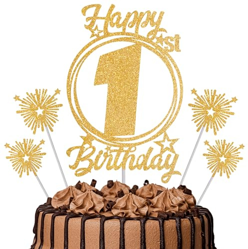 Gold Glitter 1st Birthday Cake Topper Set with Sparkle Picks – Happy Birthday Cake Decorations for Cake Smash, Milestone Parties & Dessert Table Décor