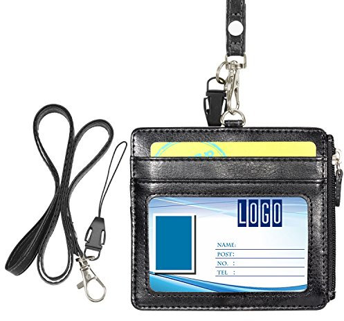 Wisdompro Badge Holder with Lanyard - Horizontal ID Card Holder with 1 ID Window, 4 Card Slots and Zippered Pocket – Black