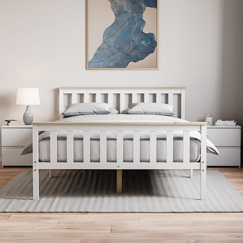 Vida Designs Milan Double High Foot End Bed Frame | White & Pine | 4ft6 | Solid Pine Wood | Under-Bed Storage Space | Easy Assembly | Rustic Design | Bedroom Furniture