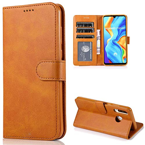 CTIUYA Cover Flip Case in Pelle per Huawei P30 Lite, Portafoglio con Porta Carte Magnetica, Antiurto Protettiva Completa a Libro, Giallo