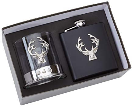 Pewterware Stags Head Whisky Glass and Hip Flask with pewterware stag's Head Motif Set in a Presentation Box (8990)