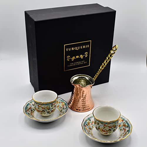 The Harem Ivy Porcelain Turkish Arabic Espresso Coffee Cups and Copper Coffee Pot Set