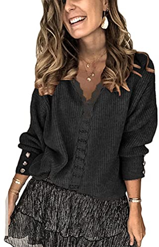 Tomwell Femmes Couleur Unie Pull Boutons Décor À Manches Longues Col Rond Pull Tricoté Blouse Hauts Décontracté Ample T-Shirt Cardigan À Boutonnage Simple Rayé A Noir S
