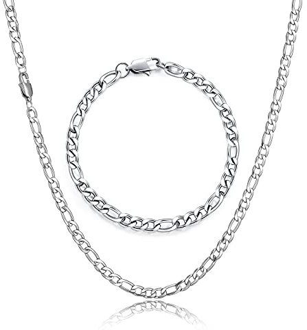 HSWYFCJY Figaro Kette Halskette Armband für Damen Herren Silber Edelstahl Kette 18/20/22/24 Zoll Kette Halskette Armband Set für Männer (18/20/22/24 Zoll+Armband)