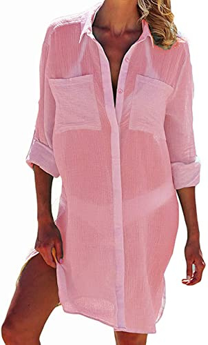 JFAN Bikinicardigan för kvinnor, badkläder, klänning, dam, strandkläder, med fickknapp, strandskjorta, Rosa, one size