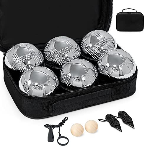 Hengsong Boule Set mit 6 Premium Metall Kugeln, 11tlg Boccia Set Outdoorspiel Botcha Spiel für die ganze Familie inkl. Holzkugel Signalkugel Maßseil Ersatzkugel