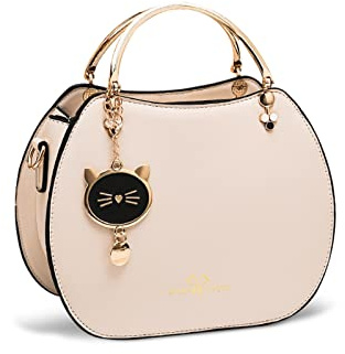 NICOLE & DORIS Runde Umhängetasche Damen Handtasche Klein Tasche Mode Crossbody Bag Damen PU Leder Henkeltasche Niedlich Schultertaschen Handytasche mit Katze Anhänger Beige