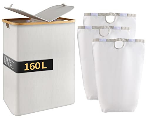 Hibisaws 160L Laundry basket with lid, wäschesammler 2 fächer,Zwei Wege Öffnung, Waschekorbsammler Wäschebox Wäschetonne Wäschesammler mit Deckel Wäschetruhe Wäschekörbe laundry baskets(Cremeweiß)