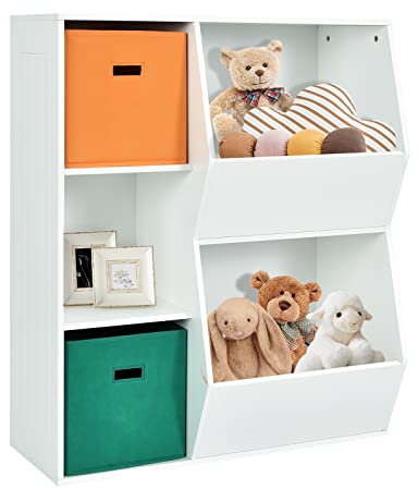 DREAMADE Kinderregal mit 5 Ablage und 2 Stoffbox, Aufbewahrungsregal Bücherregal für Kinder, Spielzeug-Organizer, Spielzeugregal für Kinderzimmer Spielzimmer und Kindergarten (Weiß, 5 Ablage)