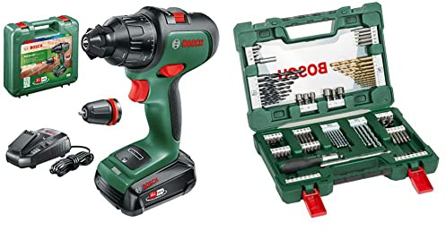 Bosch Cordless Combi Drill AdvancedImpact 18 (1x Battery, 18 Volt System, in Carrying Case) & 91pc. V-Line Titanium Drill and Screwdriver Bit Set (for Wood, Masonary and Metal)