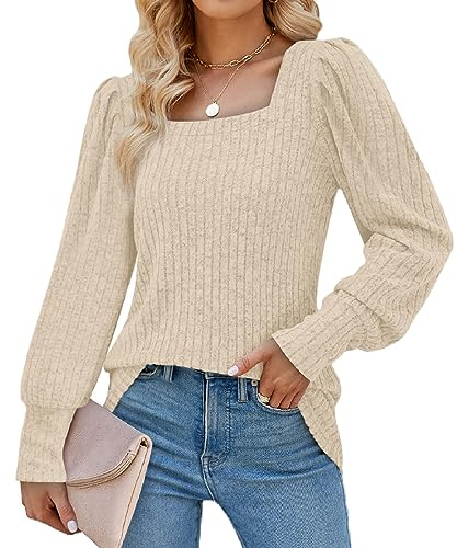 Aokosor Jumpers for Women Long Sleeve Tops Ladies Square Neck Sweatshirts Puff Sleeve Tunic Beige Size 6-8