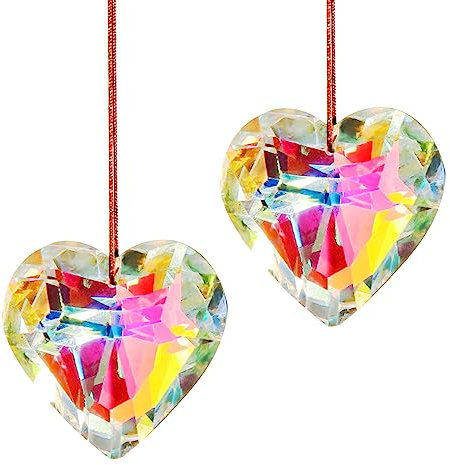 Kristall Sonnenfänger Fenster, 2 Stück Herzform Kristalle Deko Anhänger Glas Bunte Fensterdeko Hängend Prismenkugel Regenbogen Kristallglaskugel Hängende Fenster Ornament