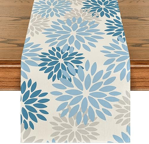 Artoid Mode Chemin de table d'hiver en forme de dahlias - Motif fleurs - Bleu clair - 40 x 100 cm