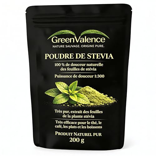 GreenValence Poudre de Stévia - Édulcorant Naturel 100% Feuilles de Stévia | Pouvoir Sucrant Élevé 1:300 | Alternative Végétale au Sucre pour Thé, Café, Pâtisserie & Desserts (200 g)