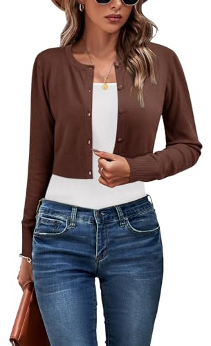 Newshows Cardigan Corto da Donna Manica Lunga Elegante Bolero Lavorato a Maglia Cardigan con Bottoni(Marrone, S)