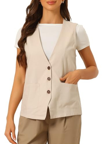Allegra K Donna Gilet Estivo in Lino Scollo a V senza Maniche