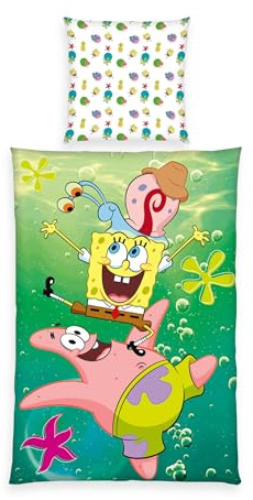Herding Parure de Lit Bob l'Éponge, Taie d'oreiller 80 x 80 cm avec motif réversible, housse de couette 135 x 200 cm, Avec fermeture éclair, 100% coton/renforcé