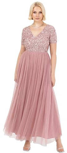 Maya Deluxe Women's Ladies Dress for Wedding Guest Plus Size Empire High Waist Sequins Short Sleeve Evening Bridesmaid