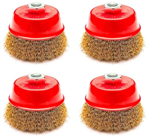 Tradineur - Pack de 4 cepillos de alambre - Apto para amoladoras angulares - Cepillo de acero - Ideal para eliminar óxido, corrosiones de las superficies de metal y madera - Ø 75 mm