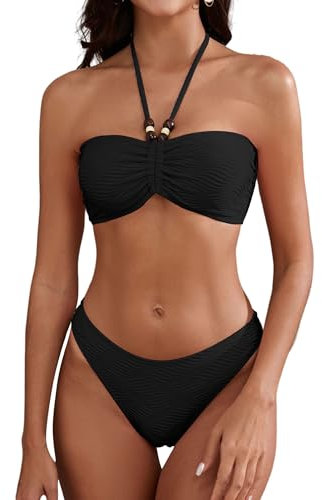 ZAFUL Women's Halter Bandeau Bikini Beaded Tie Back String Bikini Set Push Up Two Piece Swimsuit Bathing Suits (1-Black, S)