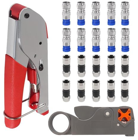 hrsyyl Coax Cable Crimper Tool Kit with 20pcs F Type RG59 RG6 Compression Connectors Coaxial Cable Stripper Coaxial Cable Compression Tool Kit