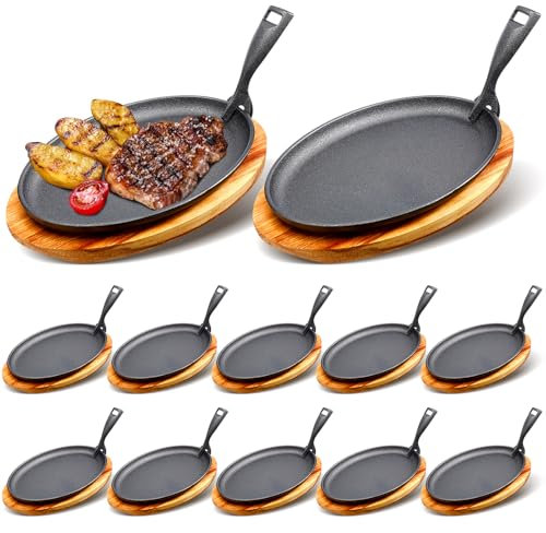FoldTier Juego de 12 sartenes de hierro fundido de 10.63 x 6.89 pulgadas, sartén chisporroteante con base de madera, protección antiquemaduras, mango extraíble para restaurante, cocina, accesorio de