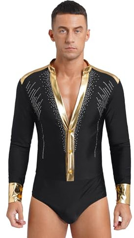 Runhomal Herren Glitzer Tanz-Body Bodysuit V-Ausschnitt Gymnastikbody Ballsaal Samba Latein Body mit Mesh Langarm Performance Tanzkostüm Schwarz M