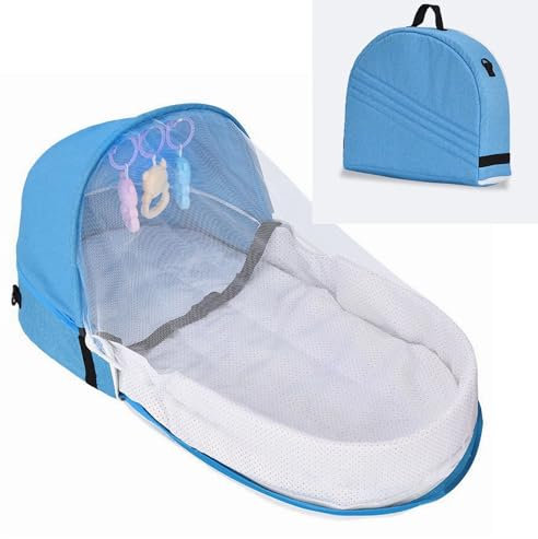 ERFGT Moises para Bebe Portatil, Cuna de Viaje para Bebé,Cuna Portátil Plegable,con Juguetes, Moisés de Viaje para Bebés de 0-10 Meses, Azul