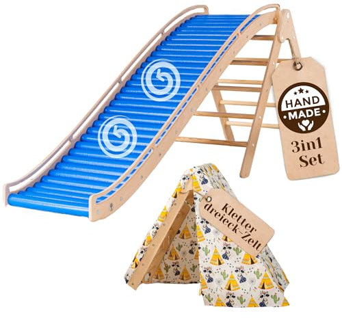WoodsCraft 3in1 Wellenrutsche mit Kletterdreieck, Sprossenwand für Kinderzimmer & Kinderzelt Indoor | Rutsche Outdoor & Indoor | Kinderrutsche-Rollenrutsche | Kinder & Baby Rutsche für den Garten