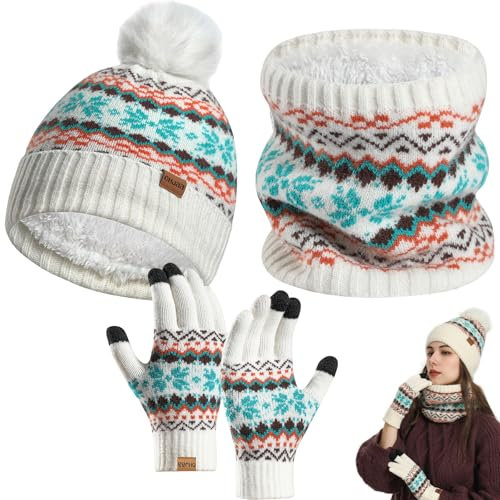 3 Stück Mütze-Schal-Handschuhe-Set, Thermische Strickmütze, Schal, Handschuhe Winter Bommelmütze Fleece-Futter Schal Handschuhe Weiche dicke stricken warme Mütze Handschuhe Hals Wärmersets (Weiß)