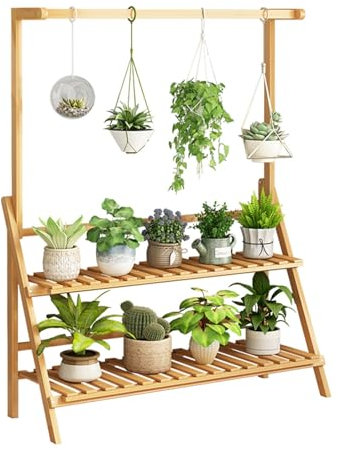 FUNEAER Blumenständer, Pflanzenständer aus Bambus Pflanzenregal Bücherregal 3-Stöckiges multifunktionales Blumenregal Stabiler Rahmen einfache Montage für Außen und Innen (Color:B,Size:70X31X95CM)