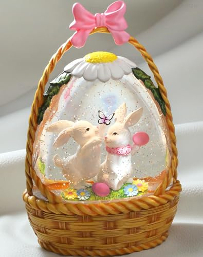 Gorrzai Easter Snow Globe Lantern Easter Decorations for Home with Timer Swirling Glitter, Lighted Easter Decor Indoor Easter Gifts with Easter Basket Bunny Eggs, USB or Battery Operated