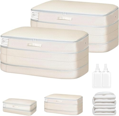 DIMJ 2 Pack Self-Compression Storage Bags 200L - Heavy Duty Duvet Organiser with Air Valves, Compress Bedding from 100L to 66L per Bag for Wardrobe, Travel & Moving | No Pump Space Saver (Beige)