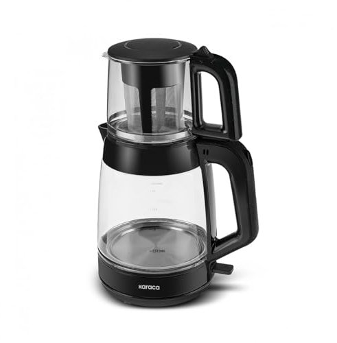 Karaca Machine à Thé Turc, Bouilloire Electrique avec Contrôle de Température 2,2 L & Théière en Verre avec Infuseur 0,9 L, Machine à Thé Multifonction 1900 W, Noir