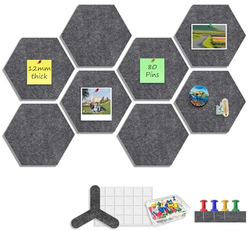Sliandtelly Hexagon Filz Pinnwände 8 Stück, 12mm dicke 22x19cm, Dunkel Grau | mit 60 Push-Pins & Klebepads für DIY-Memo-Pinnwand, dekorative dunkelgrau Vision-Board für Büro Zuhause Küche & Schlafzimmer