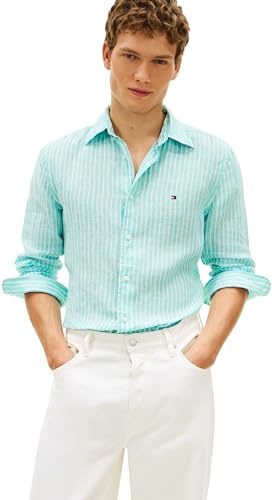 Tommy Hilfiger Uomo Camicia Linen Bengal Stripe Regular Fit, Turchese (Arctic Aqua/Stripe), XL