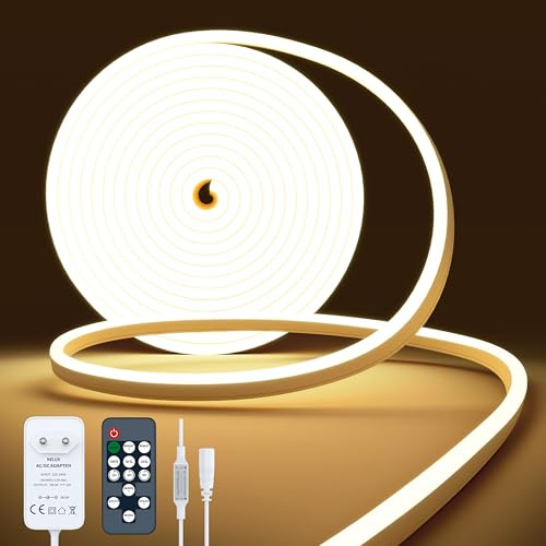 NELUX Neon LED Strip 5m Warmweiss Streifen Wasserdicht Lichtband Aussen Outdoor. LED Band Light Stripe Aussenbereich Außen Weiss Lichtleiste 2700K. Inklusive Fernbedienung Dimmbar und Netzteil 24V