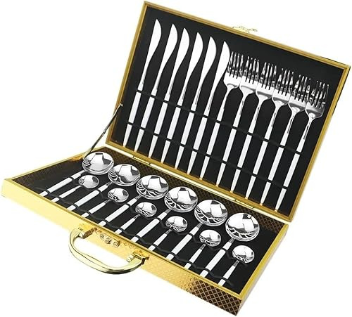Sporks stainless steel, Dish Set,Silverware Flatware, 24 Pieces Purple Stainless Steel Cutlery Knife, Fork, Spoon Giftting Box(White Silver)