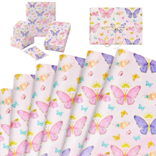 6 ark fjärilar presentpapper lila rosa fjärilar presentpapper stor förpackning vårkonstpapper för bröllop baby fester födelsedagar gör-det-själv hantverk presentförpackningar platt vikta