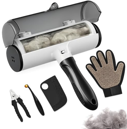 fiora 5-in-1 Pet Hair Removal Kit – Reusable Fur Remover Roller, Self-Cleaning Lint Remover, Grooming Glove, Pet Brush, Hair Scraper & Nail Clipper for Dogs and Cats