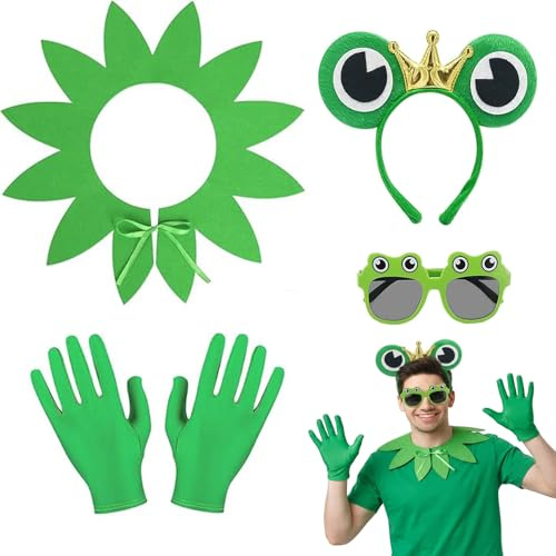Gleemix Froschkönig Kostüm Set für Erwachsene und Kinder, Frosch Kostüm Set mit Frosch Haarreif, Handschuhe, Schal, Brille, 4 Stück Karnevalskostüm, Faschingskostüme Kinder für Karneval Fasching