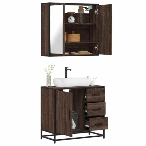 Holamys 2-TLG. Badmöbel-Set Braun Eichen-Optik, Holzwerkstoff, 65x33x60 cm, wandmontierter Spiegelschrank, für Badezimmer Stauraum